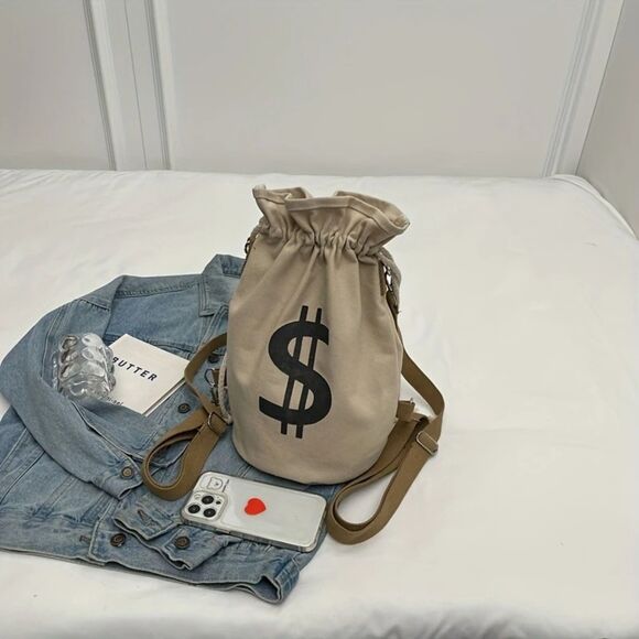Bank Heist Money Bag Satchel Canvas Drawstring Backpack with Dollar Sign - Picture 5 of 5